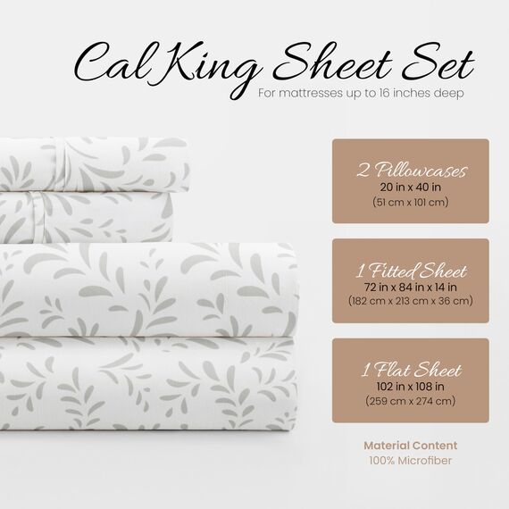 Linen Market Bettlaken-Set, Mikrofaser, Burst of Vines Gray, California King