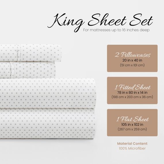 Linen Market ienjoy Home IEH-4PC-STP-K-LG 4-teiliges Bettlaken-Set, Gemustert, Kingsize, getupftes Hellgrau