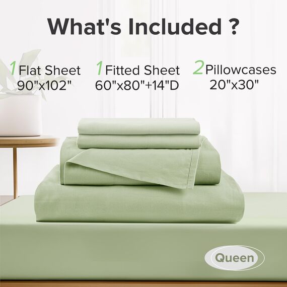 Comfort Spaces Bettlaken aus 100% Baumwolle, für Queensize-Bett, atmungsaktiv und weich, natürlich kühles Baumwoll-Bettwäsche-Set mit 35,6 cm elastischer Tasche, passend für Matratzen bis zu 40,6 cm