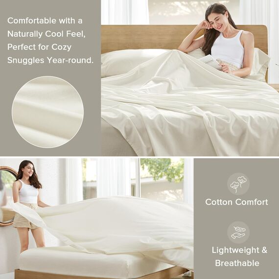 Comfort Spaces Bettlaken aus 100% Baumwolle, für Queensize-Bett, atmungsaktiv, ultraweiche Baumwolle, natürlich kühles Baumwoll-Bettwäsche-Set mit 35,6 cm elastischer Tasche, passend für Matratzen