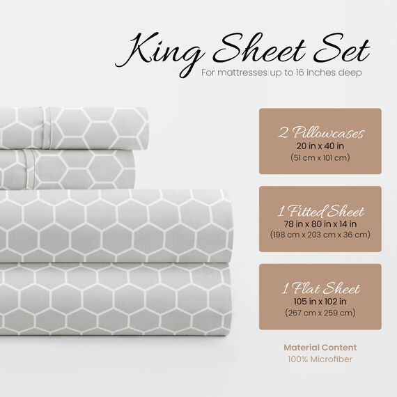 Linen Market Doppelt gebürstete, gemusterte Mikrofaser, Kingsize-Bettlaken-Set, 4-teilig, Oeko-Tex-Zertifiziert, ultraweich und knitterfrei, 40,6 cm Tiefe Spannbettlaken, pflegeleicht, Kingsize,