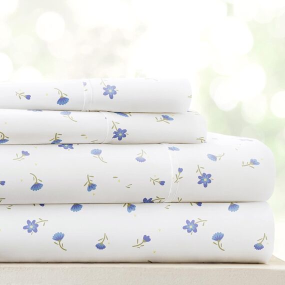 Linen Market 4-teiliges Bettlaken-Set, Gemustert, Queensize, weiches Blumenmuster, Hellblau