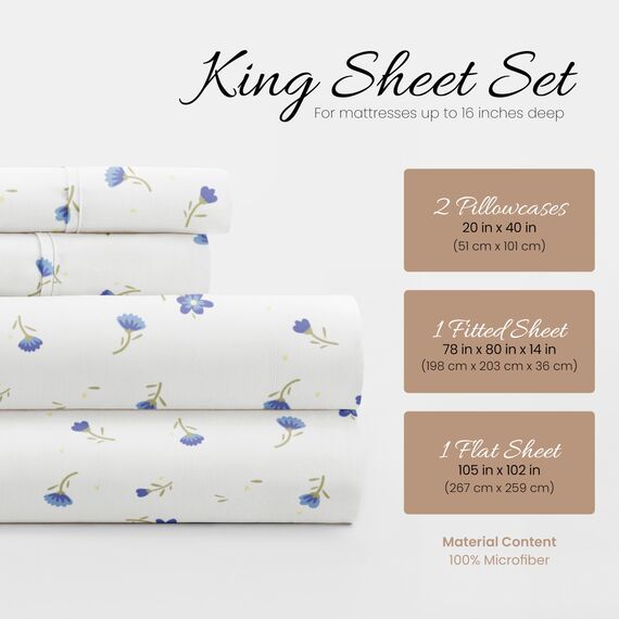 Linen Market 4-teiliges Bettwäsche-Set für King-Size-Betten (hellblaues Blumenmuster) – Schlafen Sie Besser als je zuvor mit diesen ultraweichen und kühlenden Bettlaken für Ihr Kingsize-Bett, Tiefe