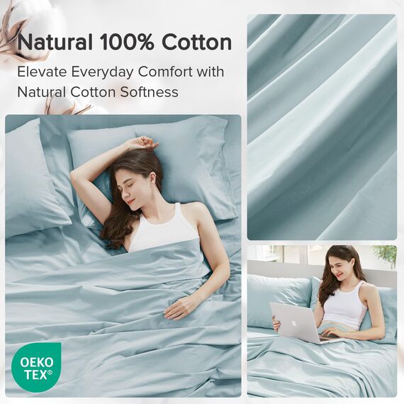 Comfort Spaces Bettlaken aus 100% Baumwolle, für Queen-Size-Bett, atmungsaktiv, weiche Baumwolle, natürlich kühles Baumwoll-Bettwäsche-Set, mit 35,6 cm elastischer Tasche, passend für Matratzen bis