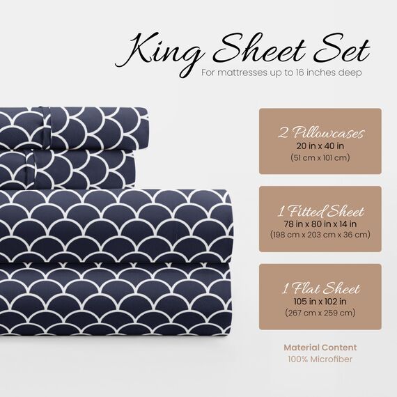 Linen Market 4-teiliges Bettlaken-Set, Gemustert, Kingsize, Jakobsmuschel Marineblau