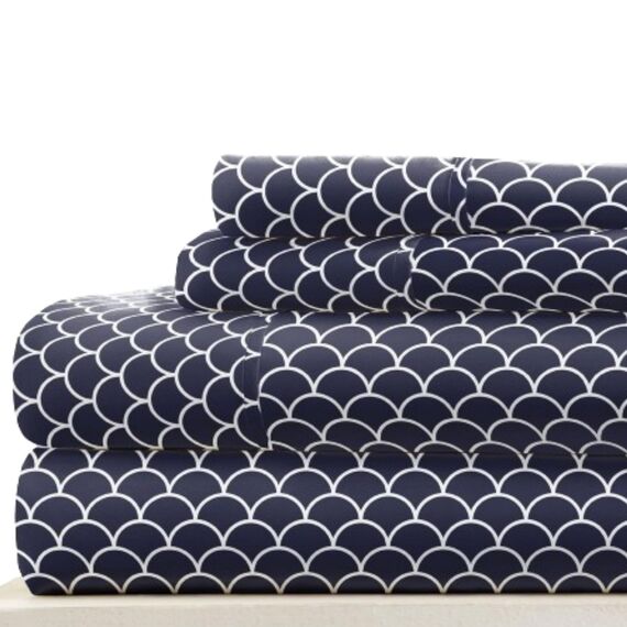 Linen Market 4-teiliges Bettlaken-Set, Gemustert, Kingsize, Jakobsmuschel Marineblau