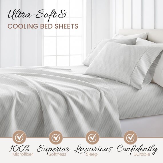 Linen Market Doppelt gebürstete, gemusterte Mikrofaser, Kingsize-Bettlaken-Set, 4-teilig, Oeko-Tex-Zertifiziert, ultraweich und knitterfrei, 40,6 cm Tiefe Spannbettlaken, pflegeleicht, Kingsize,