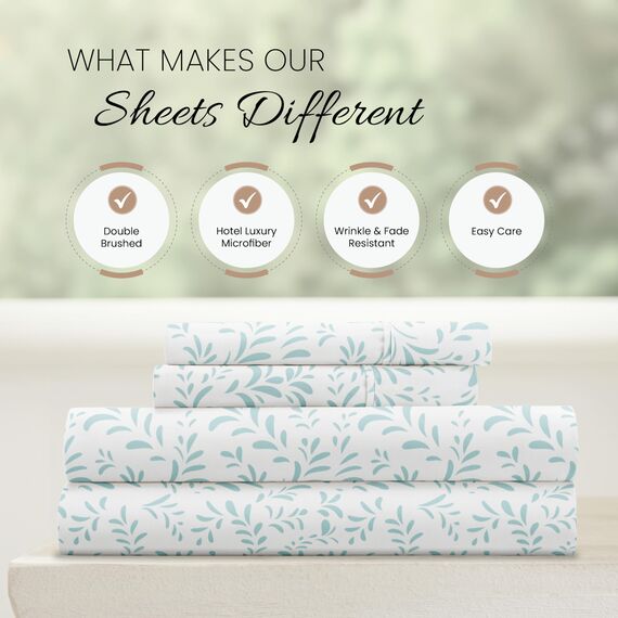 Linen Market Doppelt gebürstete, gemusterte Mikrofaser, Kingsize-Bettlaken-Set, 4-teilig, Oeko-Tex-Zertifiziert, ultraweich und knitterfrei, 40,6 cm Tiefe Spannbettlaken, pflegeleicht,