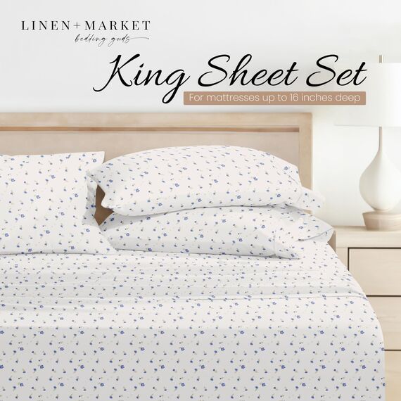 Linen Market 4-teiliges Bettwäsche-Set für King-Size-Betten (hellblaues Blumenmuster) – Schlafen Sie Besser als je zuvor mit diesen ultraweichen und kühlenden Bettlaken für Ihr Kingsize-Bett, Tiefe