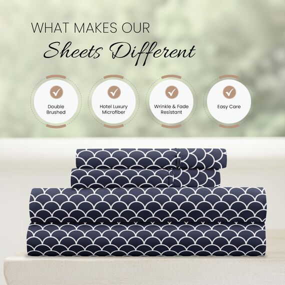 Linen Market 4-teiliges Bettlaken-Set, Gemustert, Kingsize, Jakobsmuschel Marineblau