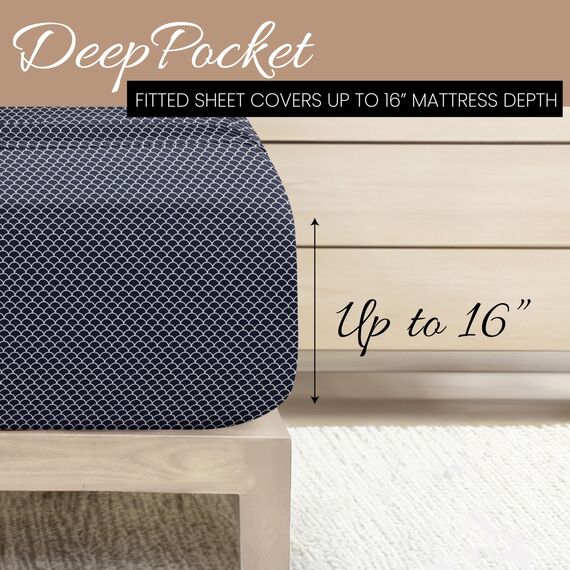 Linen Market 4-teiliges Bettlaken-Set, Gemustert, Kingsize, Jakobsmuschel Marineblau