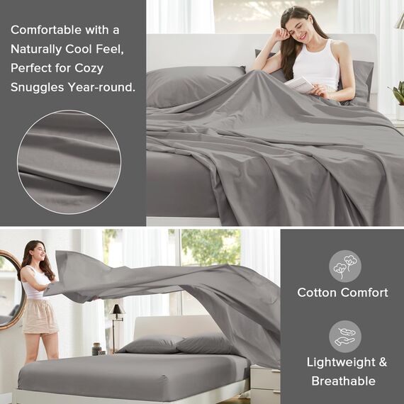 Comfort Spaces Bettlaken aus 100% Baumwolle, atmungsaktiv und ultraweich, natürlich kühle Baumwolle, mit 35,6 cm elastischer Tasche, passend für Matratzen bis zu 40,6 cm, für alle Jahreszeiten