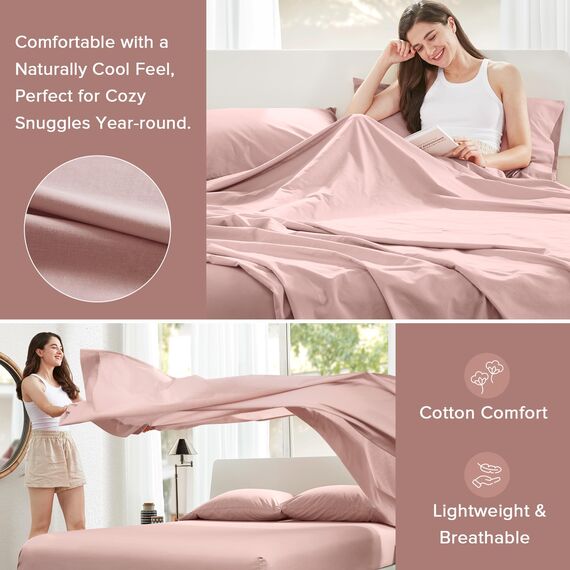 Comfort Spaces Bettlaken aus 100% Baumwolle, atmungsaktiv und ultraweich, natürlich kühle Baumwolle, mit 30,5 cm elastischer Tasche, passend für Matratzen bis zu 35,6 cm, für alle Jahreszeiten, Rosa