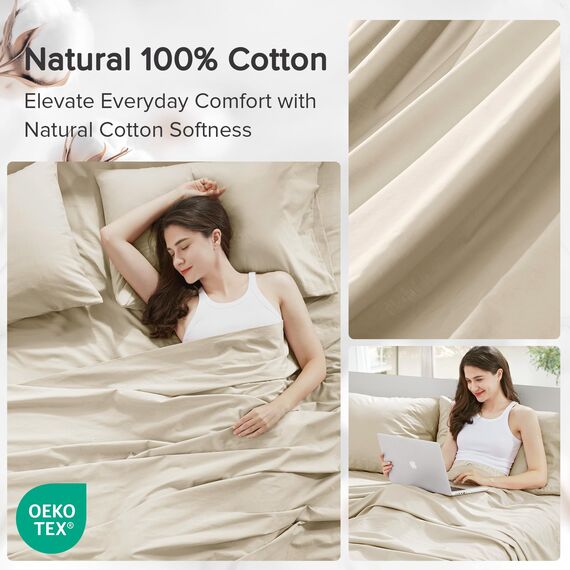 Comfort Spaces Bettlaken aus 100% Baumwolle, atmungsaktiv und ultraweich, natürlich kühle Baumwolle, mit 35,6 cm elastischer Tasche, passend für Matratzen bis zu 40,6 cm, für alle Jahreszeiten