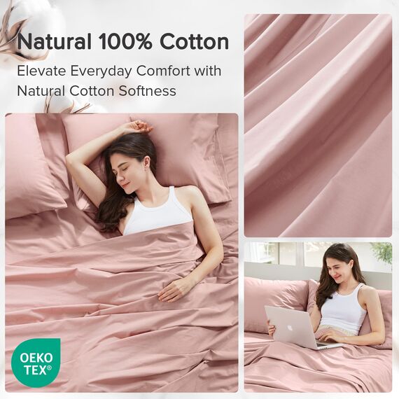 Comfort Spaces Bettlaken aus 100% Baumwolle, atmungsaktiv und ultraweich, natürlich kühle Baumwolle, mit 35,6 cm elastischer Tasche, passend für Matratzen bis zu 40,6 cm, für alle Jahreszeiten, Rosa