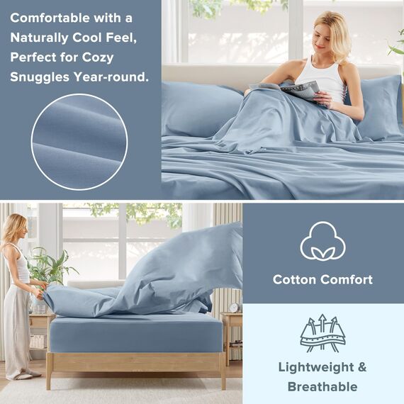 Comfort Spaces Bettlaken-Set aus 100% Baumwolle, atmungsaktiv, leicht, weich, mit 30,5 cm elastischer Tasche, passend für Matratzen bis zu 35,6 cm, gemütliche Ganzjahres-Bettwäsche, passender