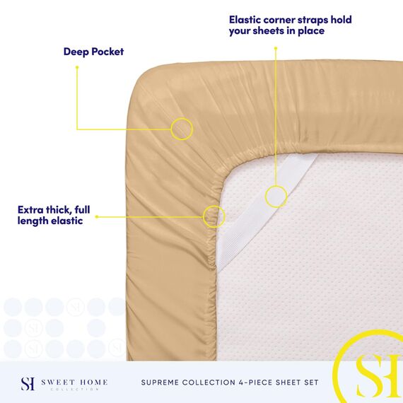 King-Size-Bettlaken, atmungsaktiv, luxuriös, mit elastischen Eckbändern, integrierten Eckgurten, extra weiches Bettwäsche-Set aus der Supreme Collection 1800, mit tiefen Taschen, in Camel