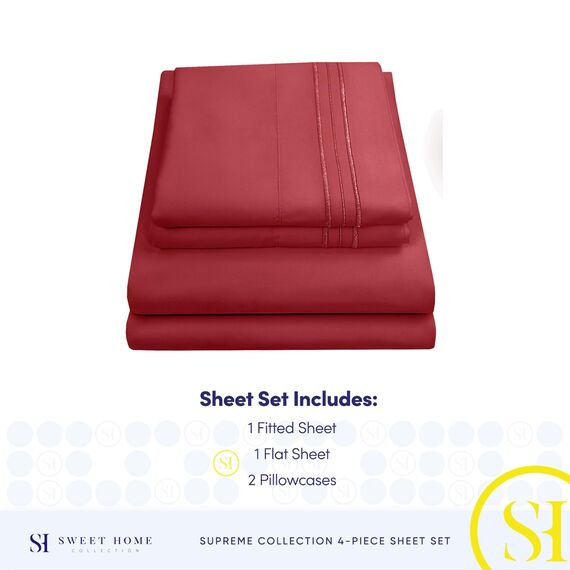 King-Size-Bettlaken, atmungsaktiv, luxuriös, mit elastischen Eckbändern, integrierten Eckgurten, extra weiches Bettwäsche-Set aus der Supreme Collection 1800, in Burgunderrot für optimalen Komfort