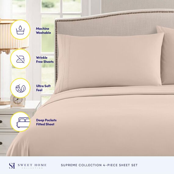 Sweet Home Collection, Fadenzahl 2030, weiche ägyptische Qualität, gebürstete Mikrofaser Laken – Luxus-Bettwäsche-Set mit Bettlaken, Spannbettlaken, 2 Kissenbezügen, Beige, Twin