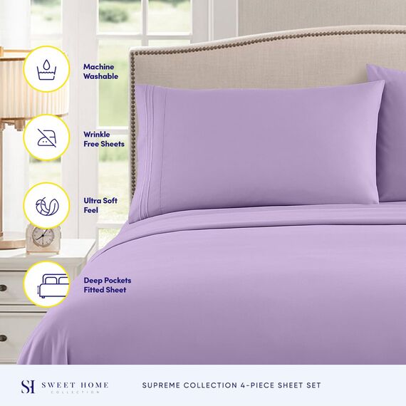 Sweet Home Collection, Fadenzahl 2123, weiche ägyptische Qualität, gebürstete Mikrofaser Laken – Luxus-Bettwäsche-Set mit Bettlaken, Spannbettlaken, 2 Kissenbezügen, Lavendel, Full