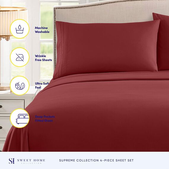King-Size-Bettlaken, atmungsaktiv, luxuriös, mit elastischen Eckbändern, integrierten Eckgurten, extra weiches Bettwäsche-Set aus der Supreme Collection 1800, in Burgunderrot für optimalen Komfort
