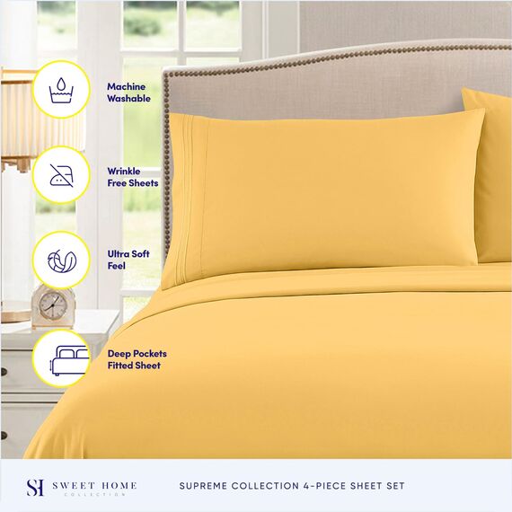 Queen-Size-Bettlaken, atmungsaktiv, luxuriös, mit elastischen und sicheren Eckbändern, integrierte Eckgurte, extra weiches Bettwäsche-Set aus der Supreme Collection 1800, Queen-Size-Bett, Gelb