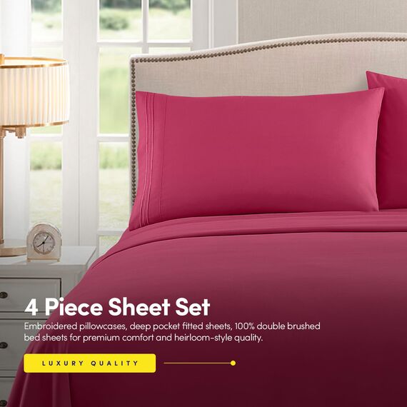 Sweet Home Collection California Kingsize-Bettlaken-Set mit integrierten Bettlakenspannern, Spannbetttuch, Bettlaken und Kissenbezügen, weich, knitterfrei, sichere Passform, Fuchsia
