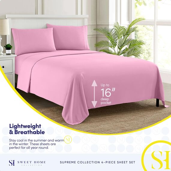 Sweet Home Collection Fadenzahl 1800, weiche ägyptische Qualität, gebürstete Mikrofaser Laken – Luxus-Bettwäsche-Set mit Bettlaken, Spannbettlaken, 2 Kissenbezügen, Pink, Full