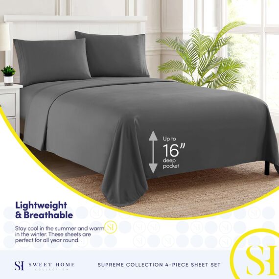 Sweet Home Collection, Fadenzahl 2052, weiche ägyptische Qualität, gebürstete Mikrofaser Laken – Luxus-Bettwäsche-Set mit Bettlaken, Spannbettlaken, 2 Kissenbezügen, Grau, King