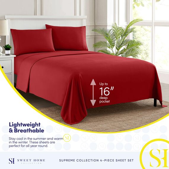 Bettlaken für Doppelbett, atmungsaktiv, luxuriös, mit elastischen und sicheren Eckbändern, integriert, aus der Supreme Collection 1800, extra weich, mit tiefen Taschen, Bettlaken-Set, Doppelbett, Rot