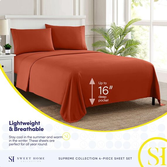 Sweet Home Collection, Fadenzahl 2017, weiche ägyptische Qualität, gebürstete Mikrofaser Laken – Luxus-Bettwäsche-Set mit Bettlaken, Spannbettlaken, 2 Kissenbezügen, Rost, California King