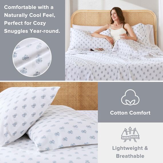 Comfort Spaces Bettlaken aus 100% Baumwolle, atmungsaktiv, natürlich kühle Baumwolle, weiche Baumwolle, Bettlaken mit 30,5 cm elastischer Tasche, passend für Matratzen bis zu 35,6 cm, für alle