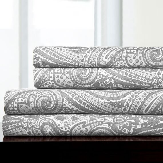 Sweet Home Collection, Fadenzahl 1935, weiche ägyptische Qualität, gebürstete Mikrofaser Laken – Luxus-Bettwäsche-Set mit Bettlaken, Spannbettlaken, 2 Kissenbezügen, Paisley Grau, Queen