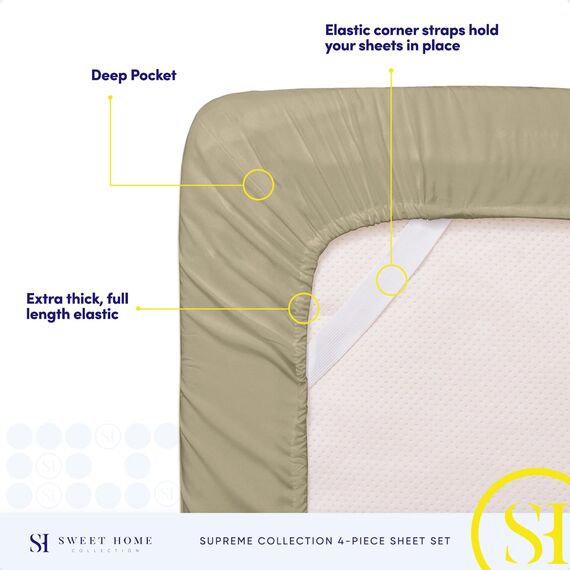 Bettlaken für Doppelbetten – atmungsaktive Luxus-Bettlaken mit elastischen und sicheren Eckgurten – 1800 Supreme Collection extra weiches Bettwäsche-Set mit tiefen Taschen, Bettlaken-Set, Doppelbett, Salbei