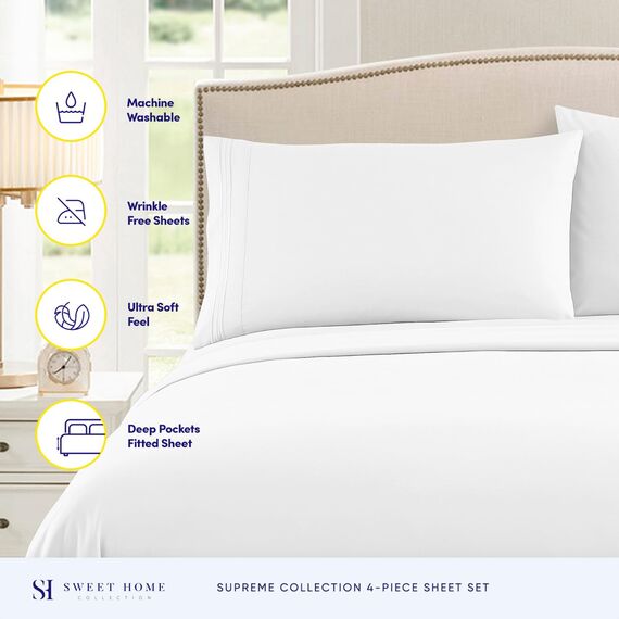 Queen-Size-Bettlaken, atmungsaktiv, luxuriös, mit elastischen und sicheren Eckbändern, integrierte Eckgurte, extra weiches Bettwäsche-Set aus der Supreme Collection 1800, Queen-Size-Bett, Weiß