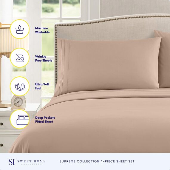 Sweet Home Collection Fadenzahl 1800, weiche ägyptische Qualität, gebürstete Mikrofaser Laken – Luxus-Bettwäsche-Set mit Bettlaken, Spannbettlaken, 2 Kissenbezügen, Taupe, Queen