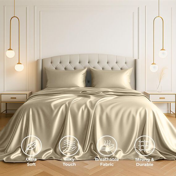 Satin-Bettlaken für Doppelbetten [3-teilig, Champagner-Gold] Luxuriöses seidiges Hotel-Bettwäsche-Set, extra weiches 1800 Mikrofaser, knitterfrei, farbecht, schmutzabweisend, tiefes Spannbetttuch