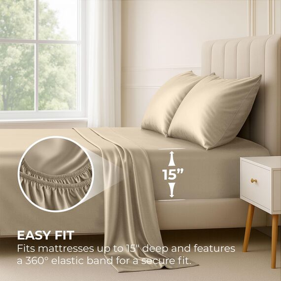 Satin Sheets King [4-teilig, Champagner-Gold] Luxuriöses seidiges Hotel-Bettwäsche-Set, extra weiches 1800 Mikrofaser, knitterfrei, farbecht, schmutzabweisend, tiefes Spannbetttuch, Bettlaken