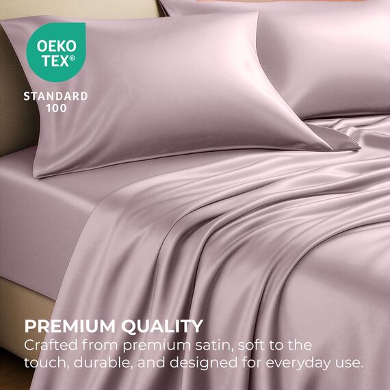 Satin Sheets California King [4-teilig, Champagnerrosa] Hotel-Luxus-Bettwäsche-Set, seidig, extra weiche Mikrofaser, knitterfrei, tiefes Spannbetttuch, Bettlaken, Kissenbezüge