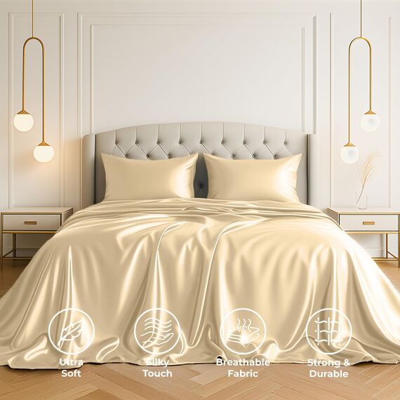 Satin-Bettlaken, 3-teilig, Elfenbein, luxuriös, seidige Hotel-Bettwäsche, extra weiches 1800 Mikrofaser, knitterfrei, farbecht, schmutzabweisend, tiefes Spannbetttuch, Bettlaken, Kissenbezüge