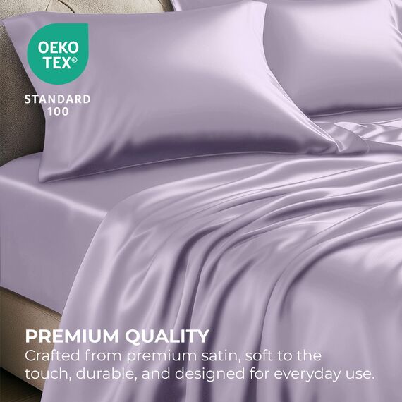 Satin Sheets Queen [4-teilig, Lavendel], luxuriöses seidiges Hotel-Bettwäsche-Set, extra weiches 1800 Mikrofaser, knitterfrei, farbecht, schmutzabweisend, tiefes Spannbetttuch, Bettlaken, Kissenbezüge