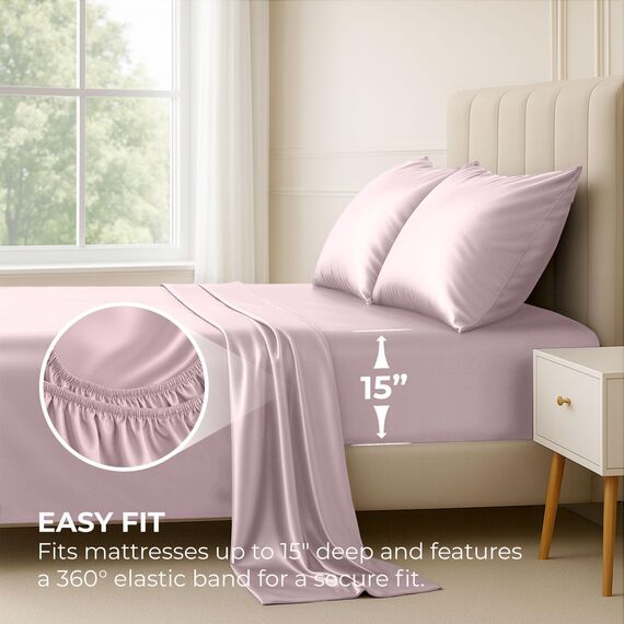 Satin Sheets King [4-teilig, Champagnerrosa] Luxuriöses seidiges Hotel-Bettwäsche-Set, extra weiches 1800 Mikrofaser, knitterfrei, farbecht, schmutzabweisend, tiefes Spannbetttuch, Bettlaken