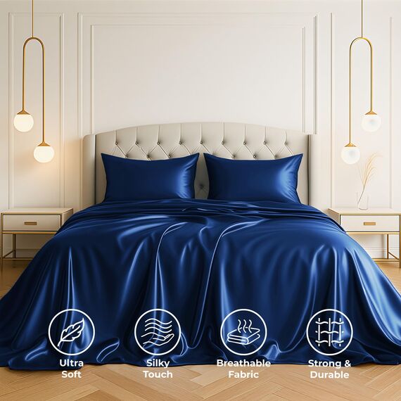 Satin Sheets Queen [4-teilig, Marineblau] Hotel Luxus Seidige Bettlaken – Extra weiche 1800 Mikrofaser Bettlaken-Set, schmutzabweisend – Spannbettlaken mit tiefen Taschen, Bettlaken und Kissenbezügen