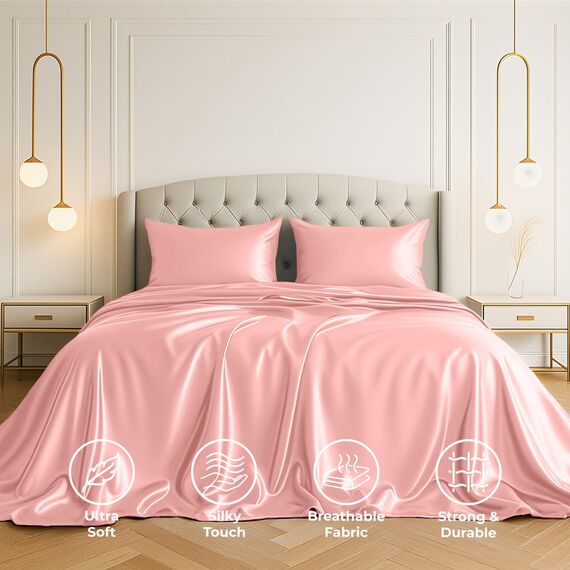 Satin Sheets California King [4-teilig, rosa] Luxuriöses seidiges Bettlaken-Set, extra weiches 1800 Mikrofaser, knitterfrei, farbecht, schmutzabweisend – tiefes Spannbetttuch, Bettlaken, Kissenbezüge