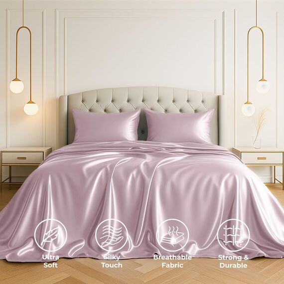 Satin Sheets King [4-teilig, Champagnerrosa] Luxuriöses seidiges Hotel-Bettwäsche-Set, extra weiches 1800 Mikrofaser, knitterfrei, farbecht, schmutzabweisend, tiefes Spannbetttuch, Bettlaken
