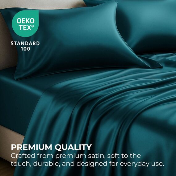 Satin Sheets King [4-teilig, blaugrün] Hotel-Luxus-Bettwäsche-Set, seidig, extra weiches 1800 Mikrofaser, knitterfrei, farbecht, schmutzabweisend, tiefes Spannbetttuch, Bettlaken, Kissenbezüge