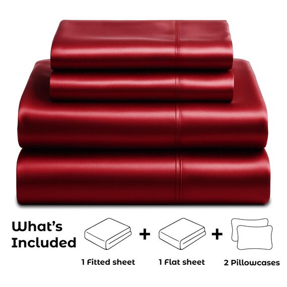 Satin Sheets California King [4-teilig, Burgunderrot] Luxuriöses seidiges Bettlaken-Set, extra weiches 1800 Mikrofaser, knitterfrei, farbecht, schmutzabweisend, tiefes Spannbetttuch, Bettlaken