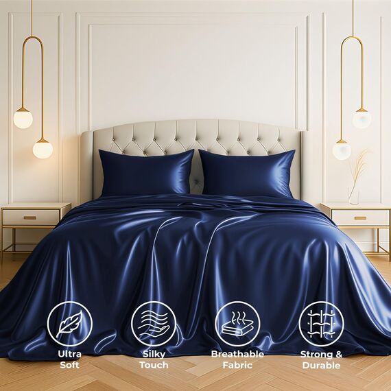 Satin Sheets California King [4-teilig, Mitternachtsblau] Hotel-Luxus-Bettwäsche-Set, weiche Mikrofaser, knitterfrei, farbecht, schmutzabweisend, tiefes Spannbetttuch, Bettlaken, Kissenbezüge