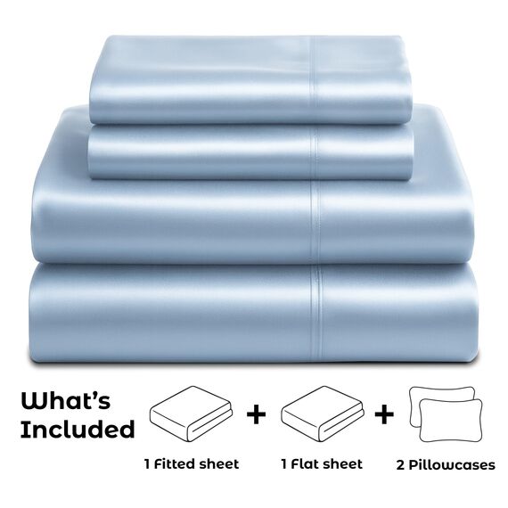 Satin Sheets King [4-teilig, Babyblau] Luxuriöses seidiges Hotel-Bettwäsche-Set, extra weiches 1800 Mikrofaser, knitterfrei, farbecht, schmutzabweisend, tiefes Spannbetttuch, Bettlaken, Kissenbezüge