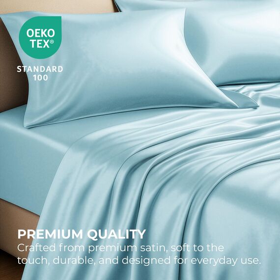 Satin Sheets Queen [4-teilig, SkyBlue] Luxuriöses seidiges Hotel-Bettwäsche-Set, extra weiches 1800 Mikrofaser, knitterfrei, farbecht, schmutzabweisend, tiefes Spannbetttuch, Bettlaken, Kissenbezüge